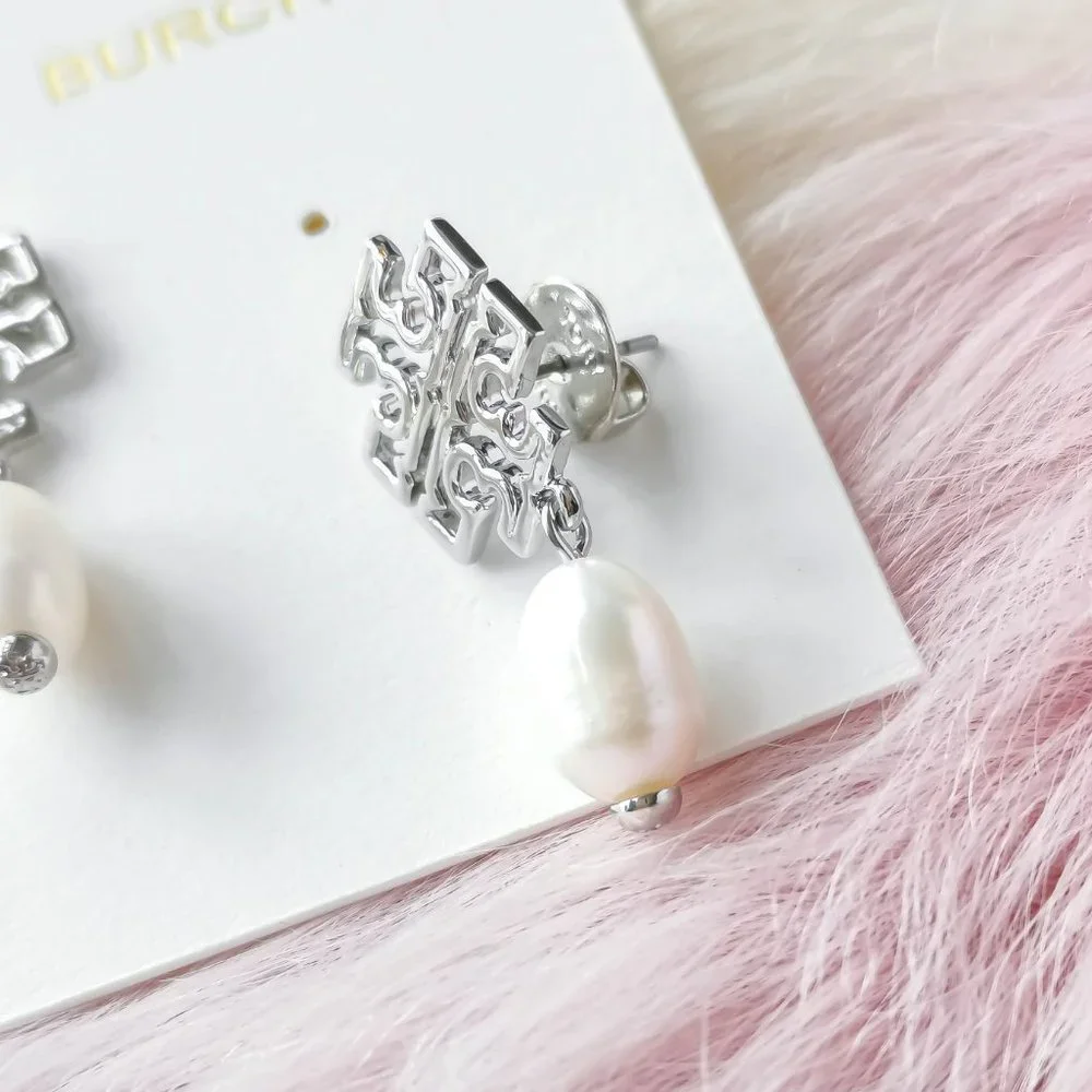 Tory Burch Silver Britton Logo White Pearl Drop Earrings - Picture 3 of 3